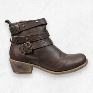Brown Ankle Boots Womens Size 7 Studded Buckle Straps Block Heel Western Boho